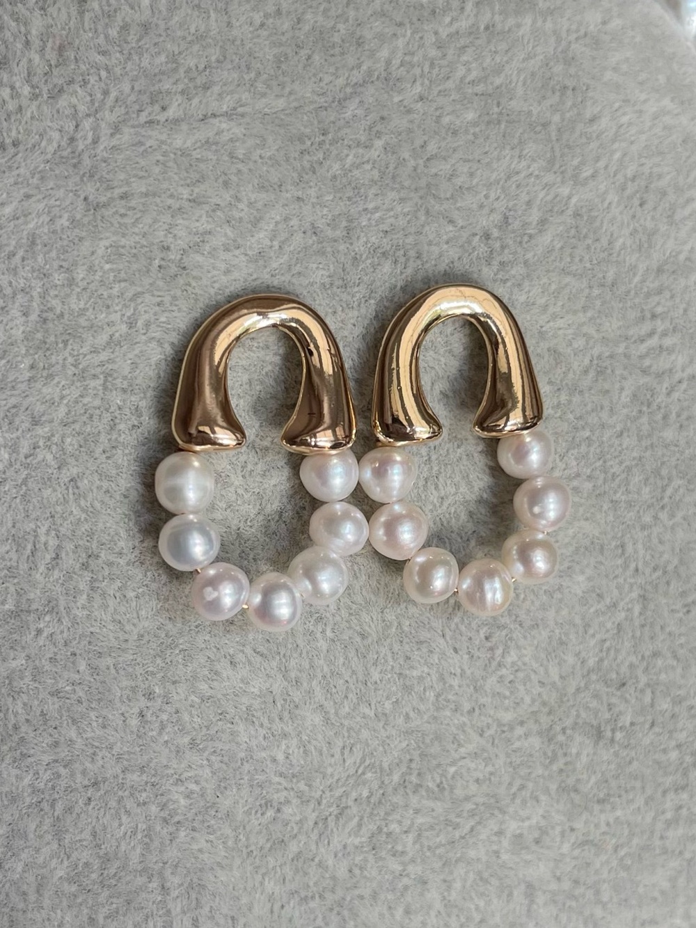 Gold Tone Freshwater Pearl Hoop Earrings - 925 silver posts